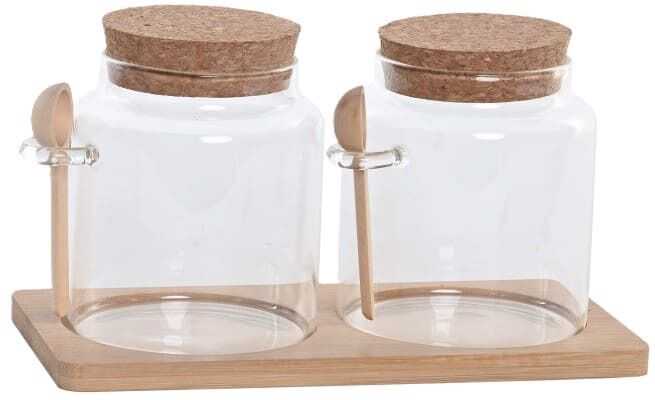 Cj 2 potes vidro 21*21*11H c/tampa cortiça/colher e base