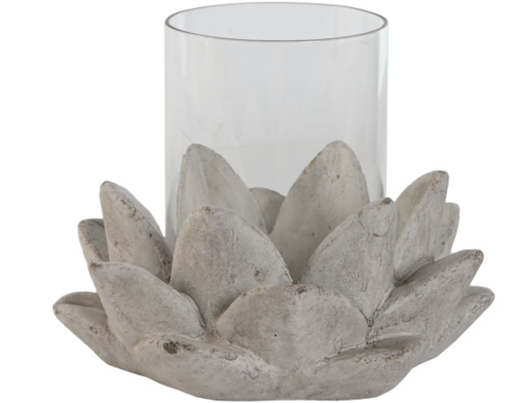 Castiçal cimento/vidro 23*23*18 flor lotus