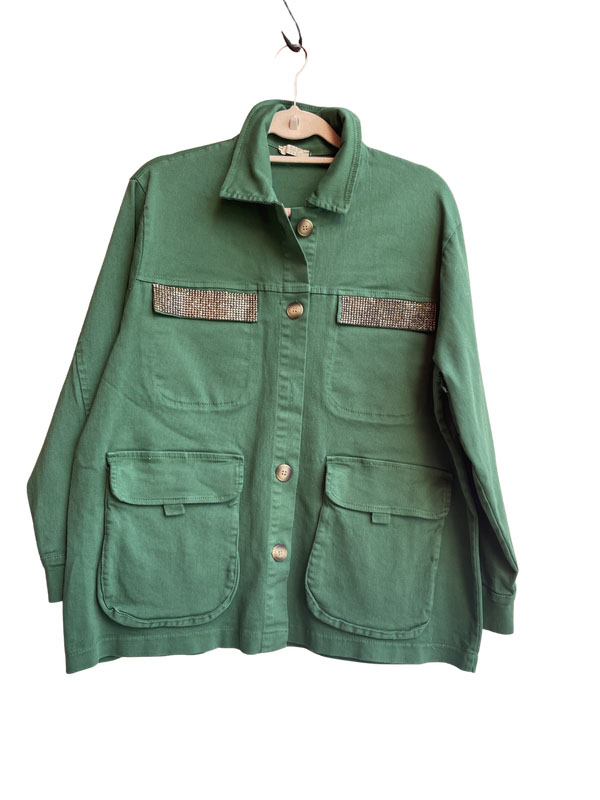 casaco verde bolsos brilho