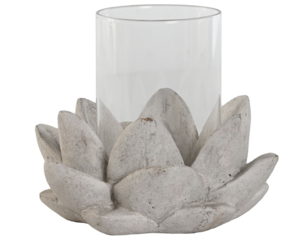 Castiçal cimento/vidro 17*17*15 flor lotus
