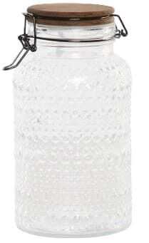 Frasco vidro relevos 12*12*20,5H tampa acácia/metal