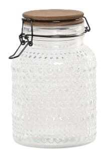 Frasco vidro relevos 12*12*17H tampa acácia/metal