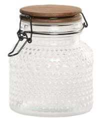 Frasco vidro relevos 12*12*13H tampa acácia/metal