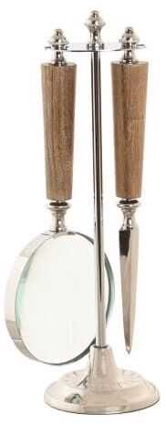 Cj lupa, abrecartas e suporte 8*8*H30 aço/acácia